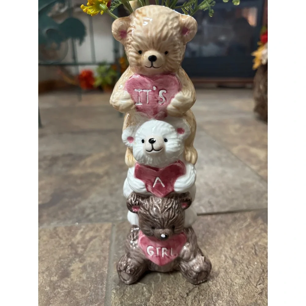 Vintage Ceramic Its A Girl Teddy Bear Stack Bud Vase Nursery Decor Pink Hearts